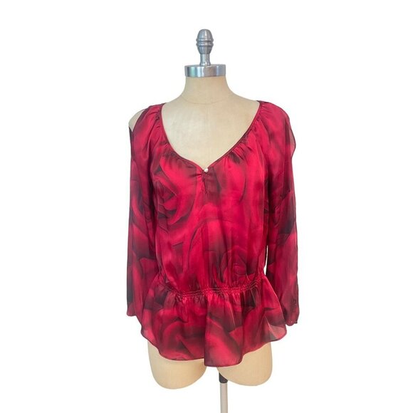 White House Black Market cold shoulder Red Rose Blouse Top Shirt Size Small - Picture 1 of 5